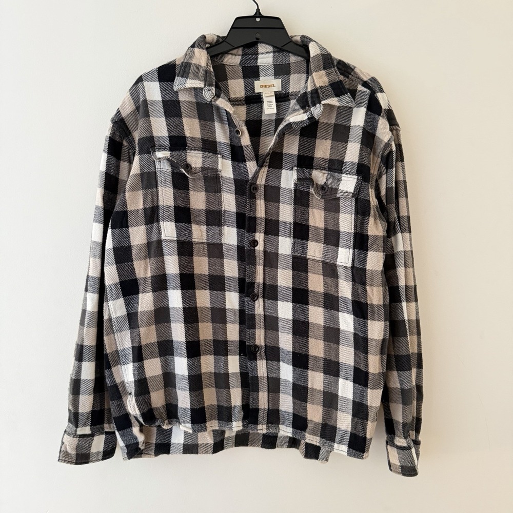Y2K Diesel Plaid Flannel Overshirt Jacket Black Tan 100% Cotton XL Workwear